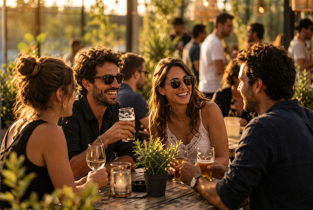 Amis réunis autour d'une table sur la terrasse de la guinguette