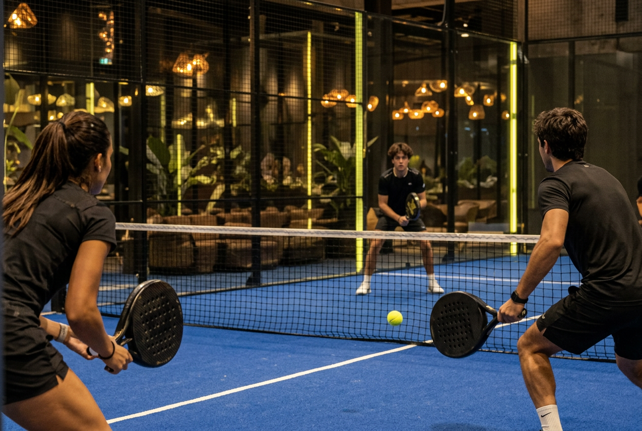 Joueurs sur une piste de padel indoor sous la charpente en bois