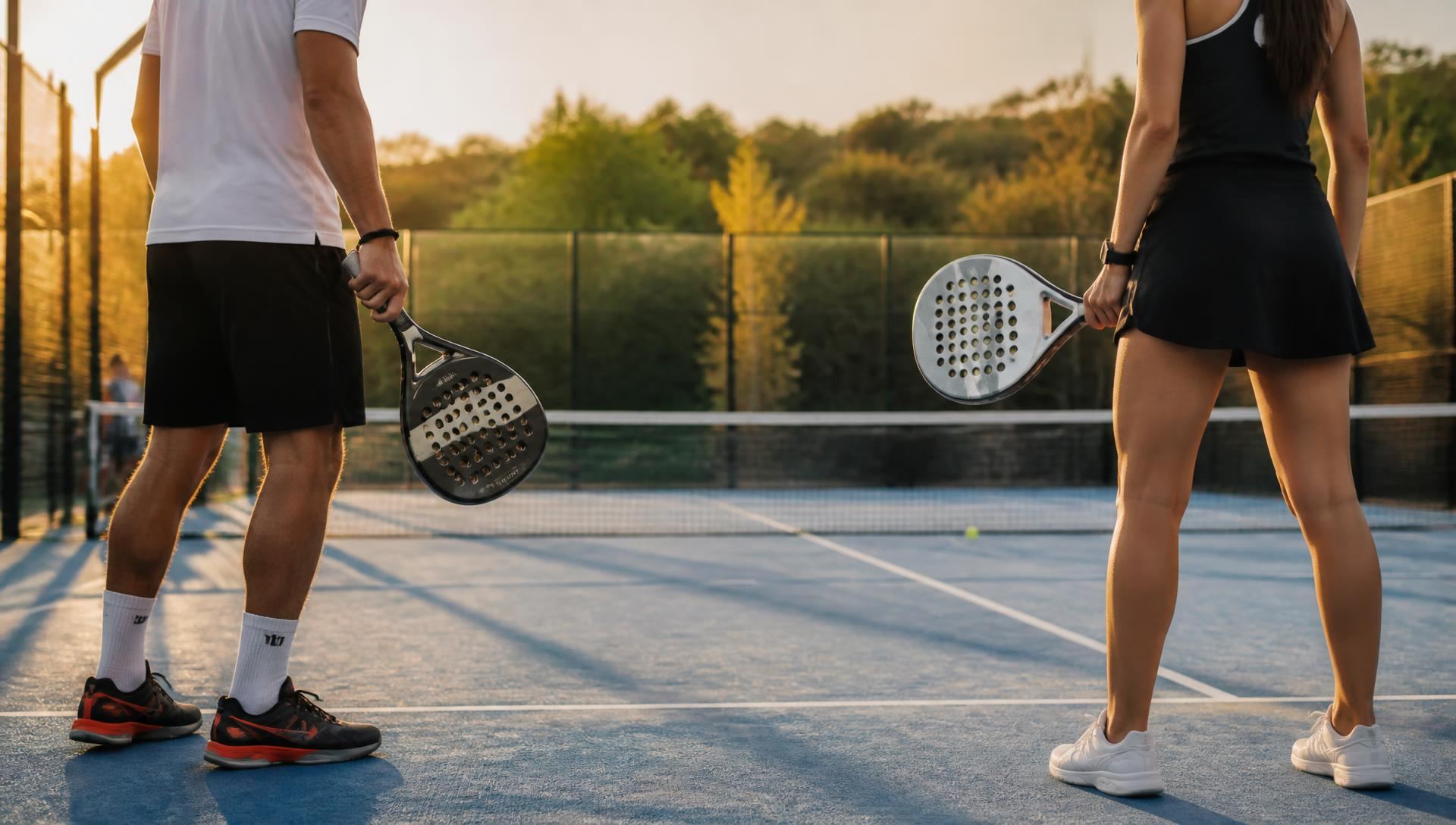 Deux joueurs de padel sur une piste au coucher du soleil