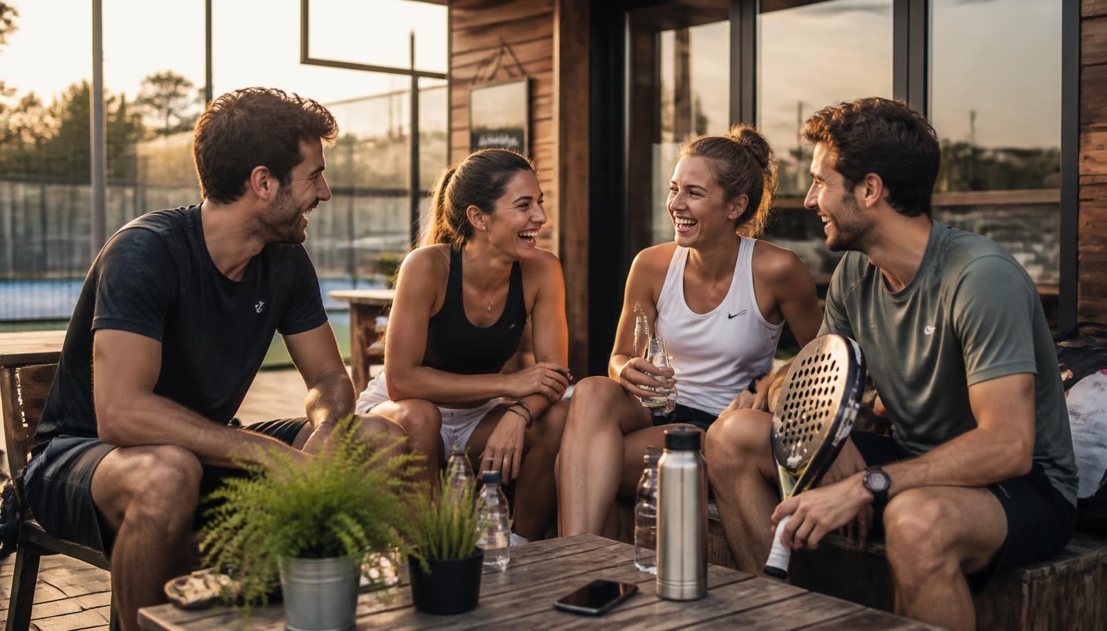Groupe d'amis partageant un moment sur la terrasse du club house
